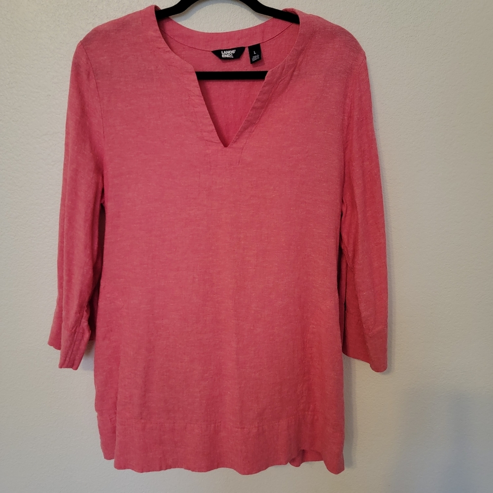 Lands End Oversized Coral Linen Blend 3/4 Sleeve Top Sz. L
